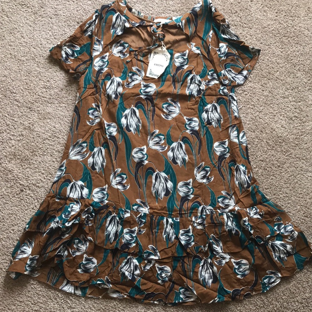 Floral Linen Cheongsam Ruffle Tier Mocha Brown Leafy Green Women's Doll Dress - Picture 6 of 7